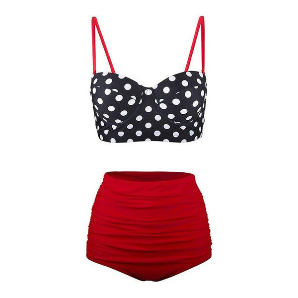 Black Polka Red Strap Swimsuit