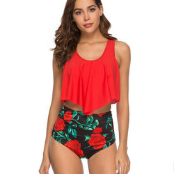 Solid Red & Black Rose Bathing Suit